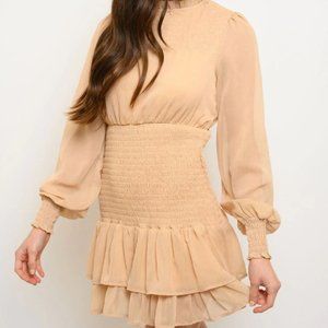 Juniors LONG SLEEVE SMOCKED RUFFLE MINI DRESS